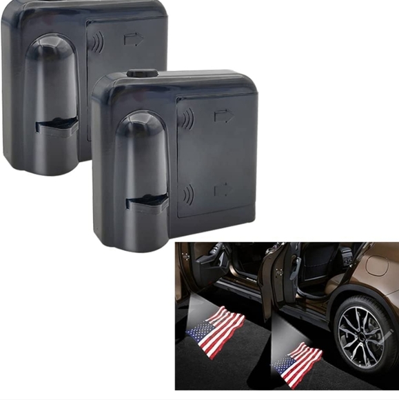 2 Universal wireless American flag LED car door projector lights no tools - Picture 2 of 3